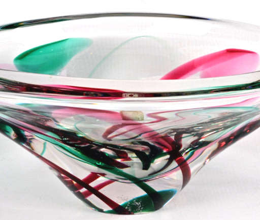 * SUPERB MAASTRICHT PINK, GREEN AND CLEAR SIGNED GLASS BOWL, DESIGNED BY MAX VERBOEKET, WITH LABEL
