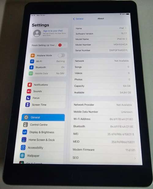 iPad Air 2 64GB WiFi and Cellular mghx2hc/a