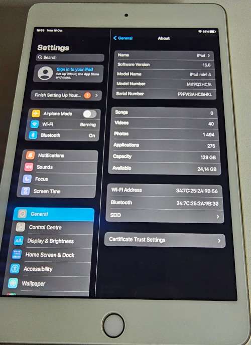 iPad Mini 4 128GB WiFi only mk9q2hc/a