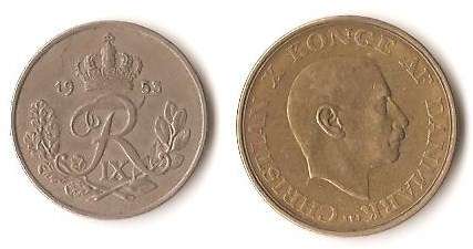 DANMARK 1947 KRONE & 1953 25 ORE : LOT OF 2 COINS