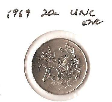 1969 RSA 20c ENGLISH UNC : LOT OF 1 COIN