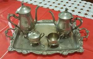 Vintage Pewter Tea and Coffee Set on tray with sugar bowl and milk jug
