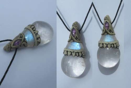 Blue Moonstone pendant with Quartz and Amethyst 5.5 cm long - #bluemoonstone #moonstone