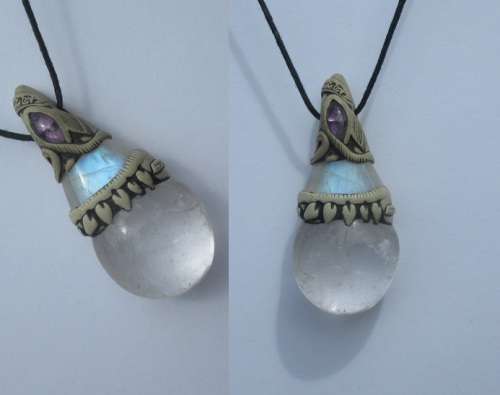 Blue Moonstone pendant with Quartz and Amethyst 5.5 cm long - #bluemoonstone #moonstone