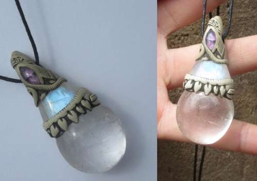 Blue Moonstone pendant with Quartz and Amethyst 5.5 cm long - #bluemoonstone #moonstone
