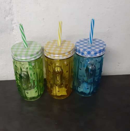 Regent Cactus  Mason Jars with Straw - Assorted Colours -  3 Pack per BID : CLEARANCE SALE