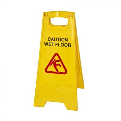 Signage: "CAUTION WET FLOOR" Red triangle with man slipping.  - View Description