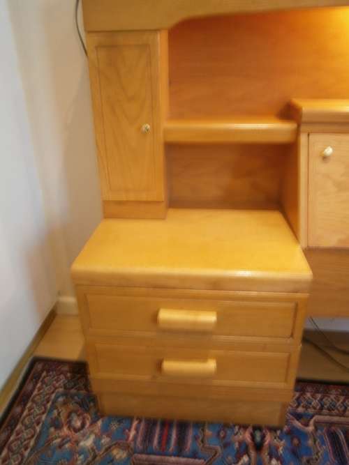 Large Oak Headboard for queen size bed with two bedside tables and a compartment for beddings.