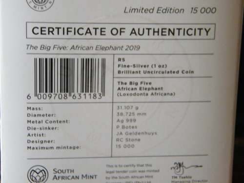 2019  Elephant - Big 5 - Brilliant Uncirculated 1oz silver