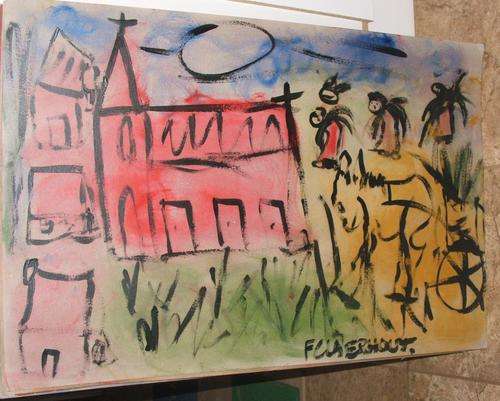 Original F. Claerhout oil on card....Church, Angels and donkey....620 x 930 mm INVESTMENT ART!!