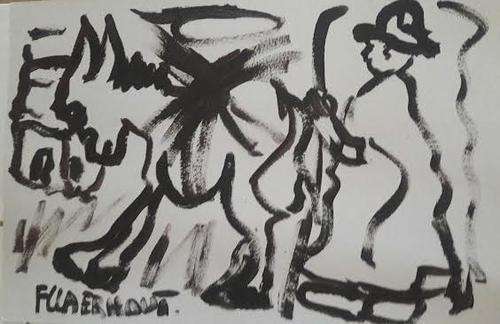 Original F. Claerhout.Acrylic.Man with donkey..620 x 930 mm.unframed BIG PAINTING! INVESTMENT ART