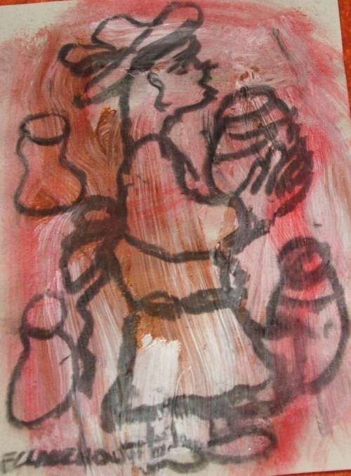 Original F. Claehout mixed meda on paper....Man carrying vase.....150 x 210 mm