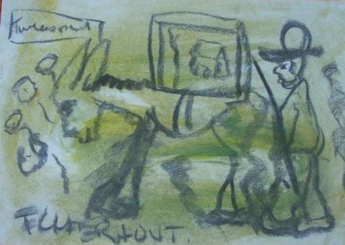F Claerhout mixed charcoal and acrylic Man and Donkey 210 x 297 mm unframed