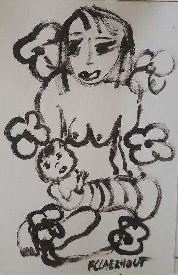 F. Claerhout acrylic on card.....620 x 930 mm ....Lady with baby...unframed..Investment art