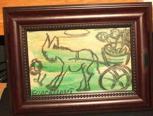 Donkie met kar gelaai met blomme..oil..Original F.Claerhout.painting size 10 x15 cm..framed 15x20cm