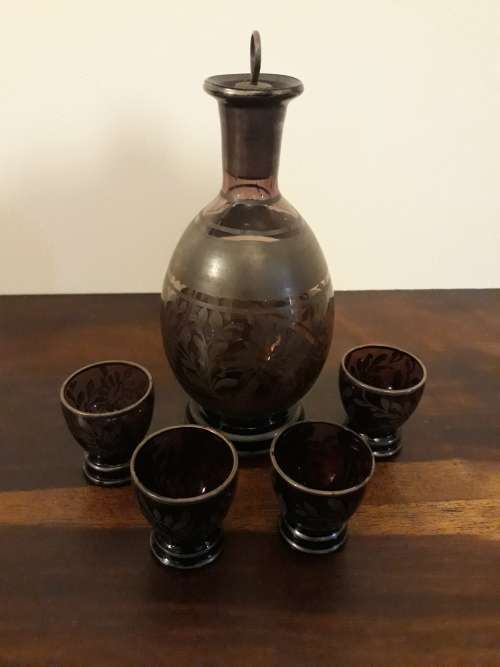 Stunning Silver Plated Sake Set made of Very Fine Coloured Glass