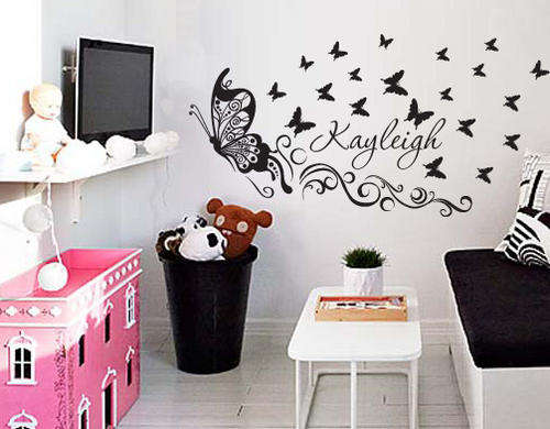 New Curly butterfly Vinyl wall art decal kids babies girls wall decor personalised name