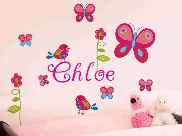Summer garden personalised girls flowers birds kids sticker wall  decal to decorate childrens room