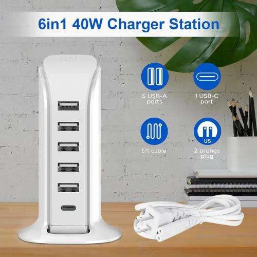 Phone Charger 20W PD USB C with 5 USB Ports Mobile Phone Chargers for Kindle iPhone Ipad Airpods