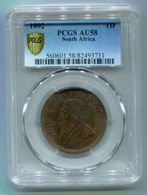1892 KRUGER PENNY PCGS GRADED AU 58 - ZUID AFRIKAANSCHE REPUBLIEK - SCARCE