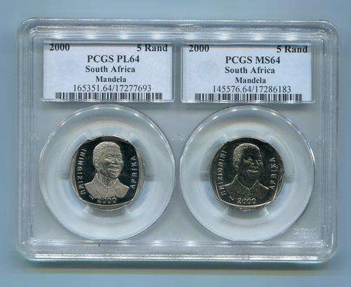 ***NEW*NELSON MANDELA YEAR 2000 SMILING FACE PCGS GRADED PL 64 + MS 64 COMBINATION GRADING  R5 COINS