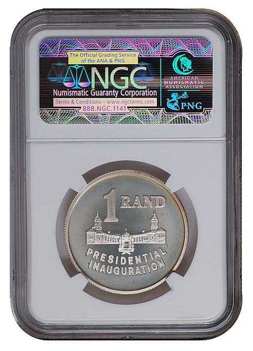 SOUTH AFRICA 1994 MANDELA PRESIDENTIAL INAUGURATION SILVER R1 NGC GRADED PROOF PF 65 CAMEO