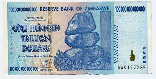 ZIMBABWE 100 TRILLION DOLLARS - VF - AA PREFIX - WORLDS LARGEST BANKNOTE