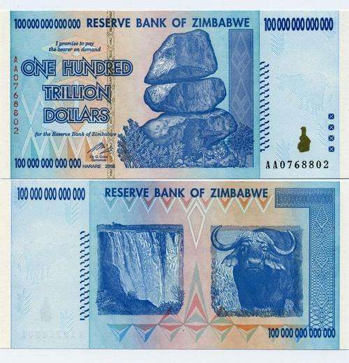 ZIMBABWE 100 TRILLION DOLLARS - UNC - AA PREFIX - WORLDS LARGEST BANKNOTE