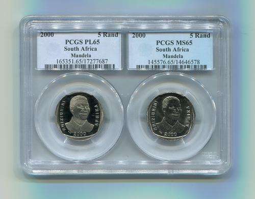***NEW*NELSON MANDELA YEAR 2000 SMILING FACE PCGS GRADED PL 65 + MS 65 COMBINATION GRADING  R5 COINS