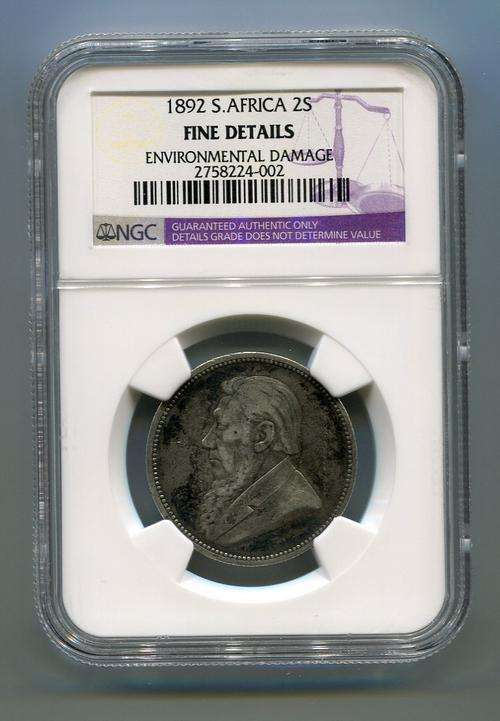 KRUGER 2 SHILLING SOUTH AFRICA ZAR 1892 NGC GRADED and CERTIFIED - F DETAILS