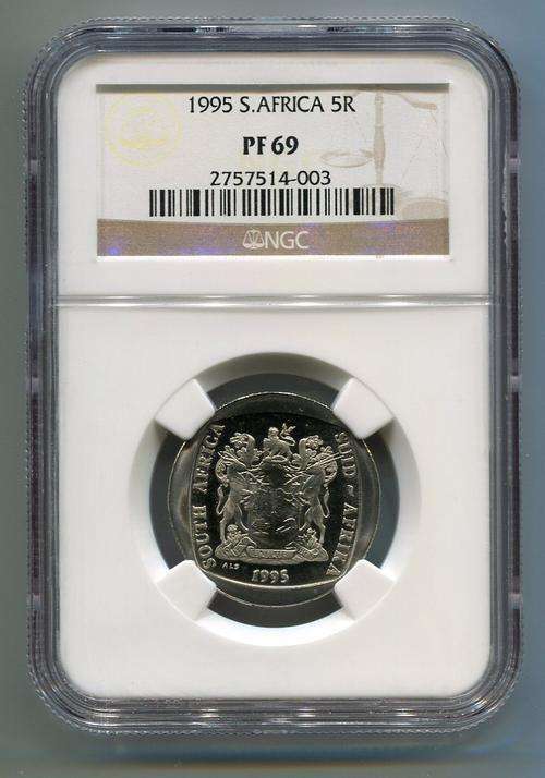 South Africa 1995 R5 Proof 69 coin graded PF69 by the NGC