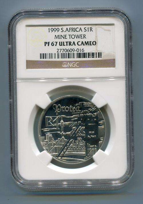 PROOF 1999  SILVER R1 PROTEA SOUTH AFRICA NGC GRADED PF 67 ULTRA CAMEO MINE TOWER COIN