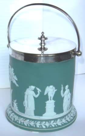 Green Jasper Wedgwood Biscuit Barrel with EPNS fittings.