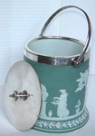 Green Jasper Wedgwood Biscuit Barrel with EPNS fittings.