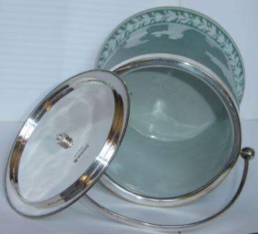 Green Jasper Wedgwood Biscuit Barrel with EPNS fittings.
