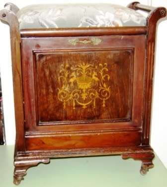 Antique Piano Stool with Marquetry and folding music storage space.