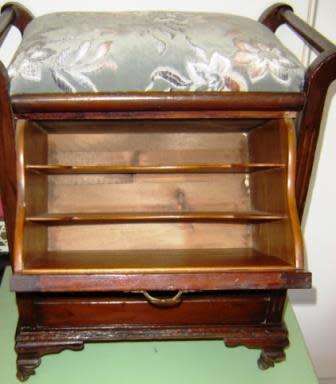 Antique Piano Stool with Marquetry and folding music storage space.