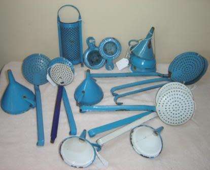 A lot of 19 Vintage Blue Enamelware Kitchenalia.   Ex Scandinavia