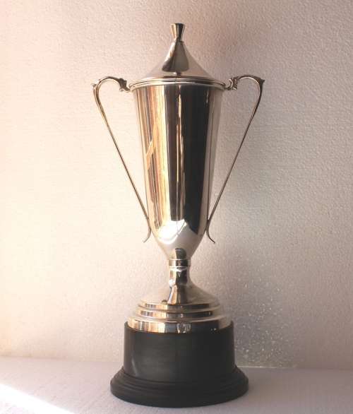 Large Antique Silver Plated Trophy (with top/lid) on a Black Plastic Stand