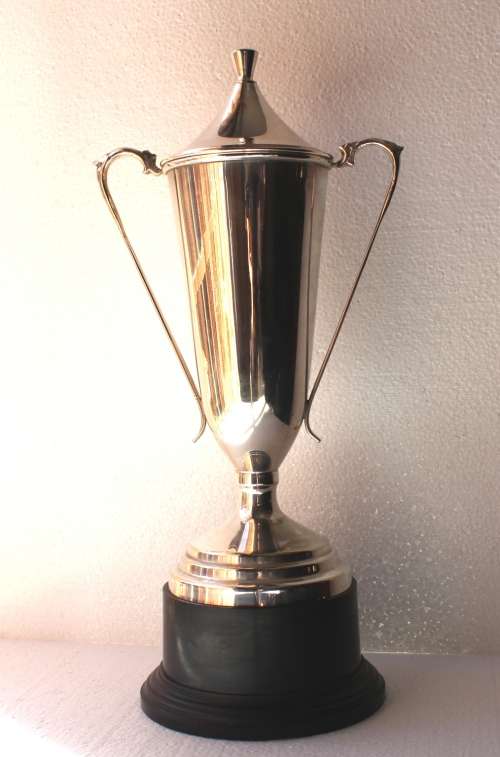 Large Antique Silver Plated Trophy (with top/lid) on a Black Plastic Stand