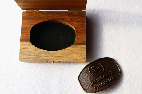 John Deere Solid Brass Belt Buckle in Wooden Box