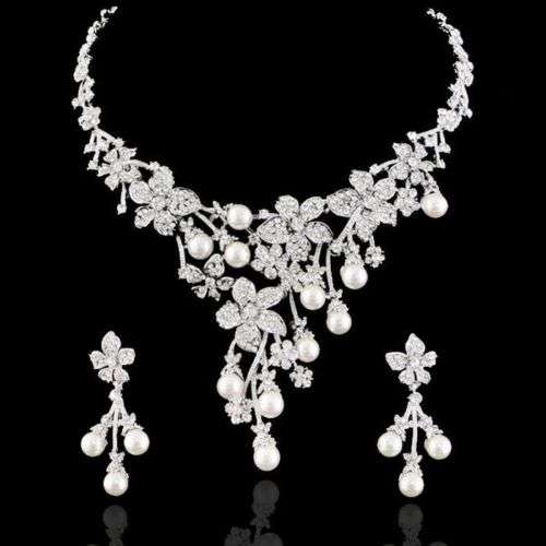 Necklace & Earrings - Faux Pearl & Crystal