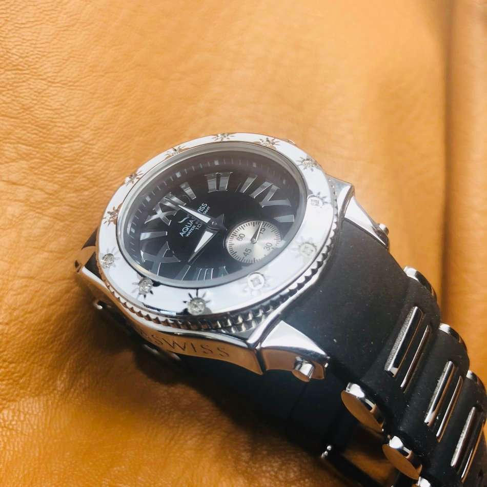 Retail: R18,000.00 Aquaswiss Women's Swissport w/ 12 Diamonds and Black Silicone Watch OFFICIAL