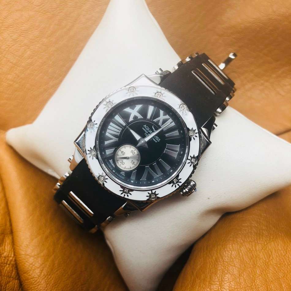 Retail: R18,000.00 Aquaswiss Women's Swissport w/ 12 Diamonds and Black Silicone Watch OFFICIAL