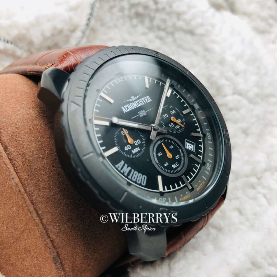 Retail: R6,500.00 Aeromeister 1880 Amsterdam Men's Pilot Chrono Black Chronograph Watch + FLIGHT TIN