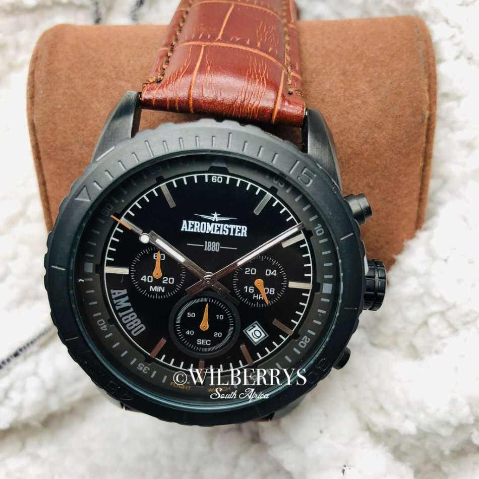 Retail: R6,500.00 Aeromeister 1880 Amsterdam Men's Pilot Chrono Black Chronograph Watch + FLIGHT TIN