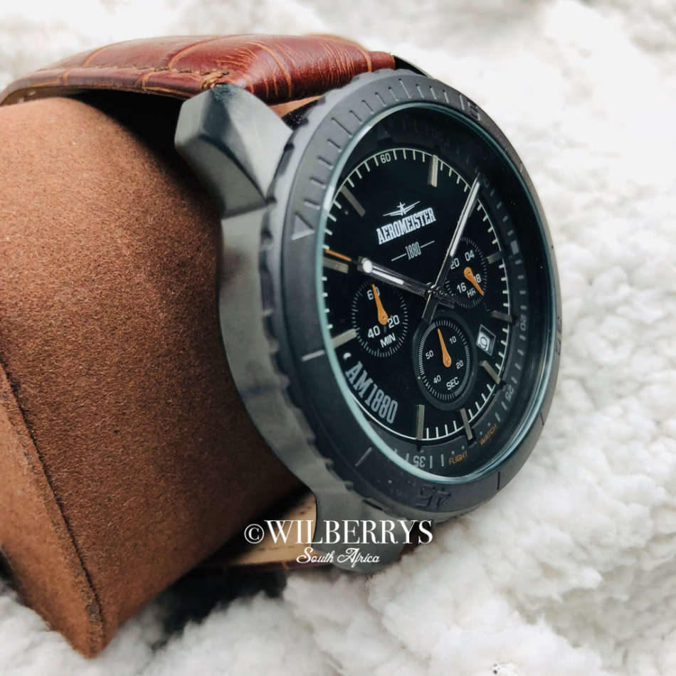 Retail: R6,500.00 Aeromeister 1880 Amsterdam Men's Pilot Chrono Black Chronograph Watch + FLIGHT TIN