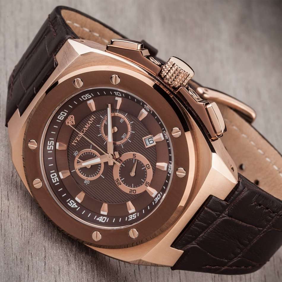 Retail: R6999 YVES CAMANI Men's Quentin Swiss Coffee/Rose Gold Watch + Gold Tin BRAND NEW