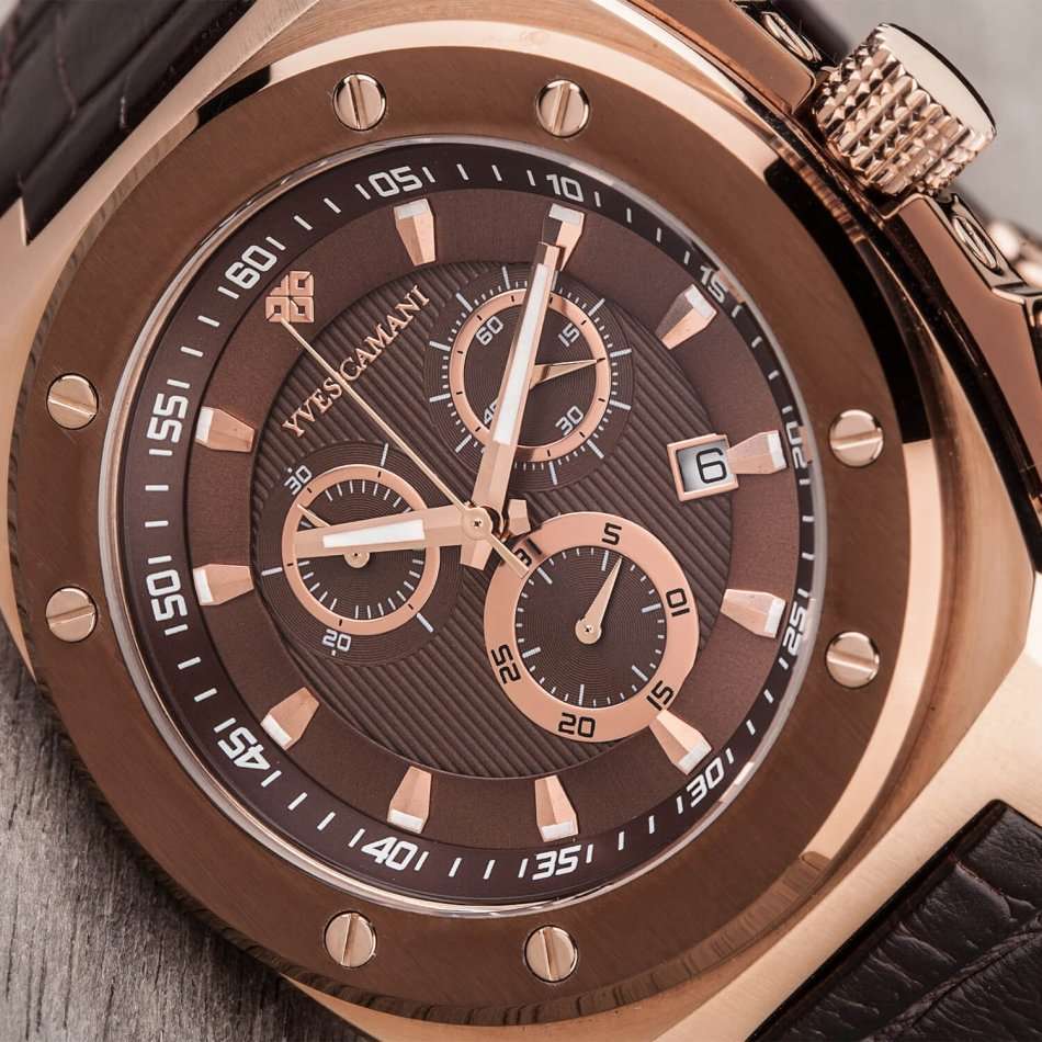 Retail: R6999 YVES CAMANI Men's Quentin Swiss Coffee/Rose Gold Watch + Gold Tin BRAND NEW