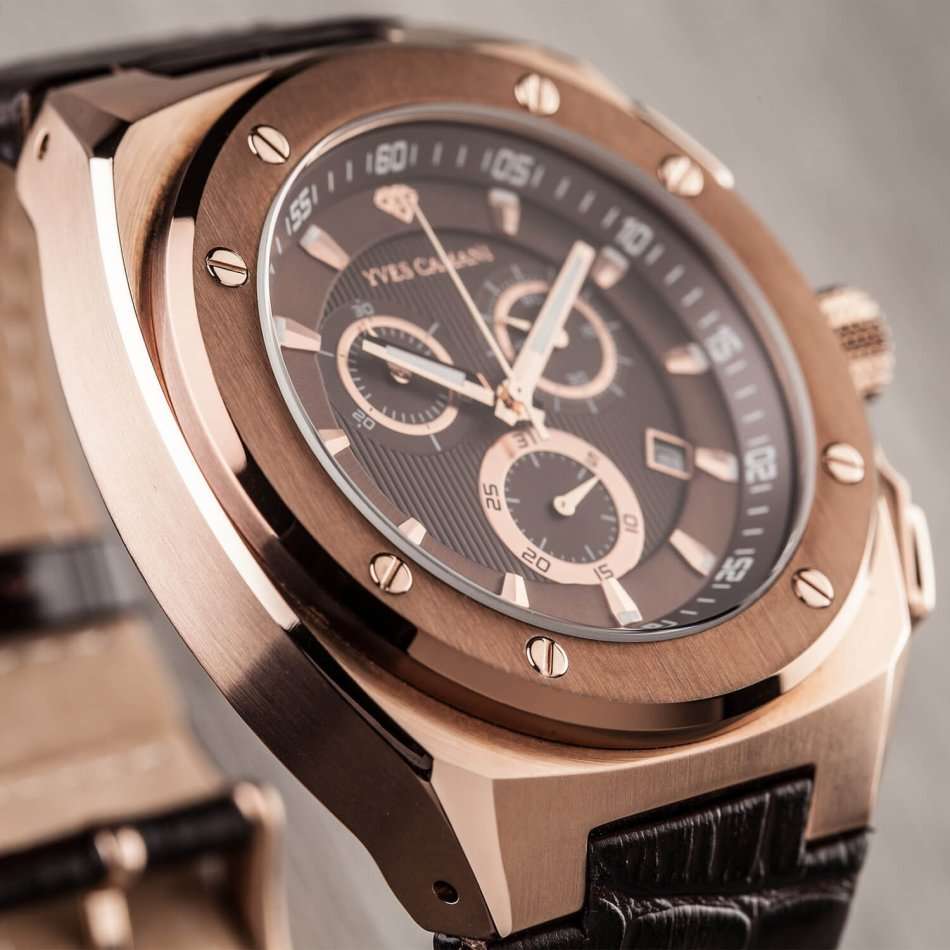 Retail: R6999 YVES CAMANI Men's Quentin Swiss Coffee/Rose Gold Watch + Gold Tin BRAND NEW